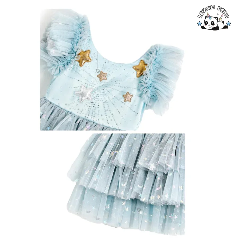 LEZONKIDS - Vestido de Aniversário Infantil com Estampa de Estrelas Brilhantes para Meninas, Vestidos de Tule para o Verão